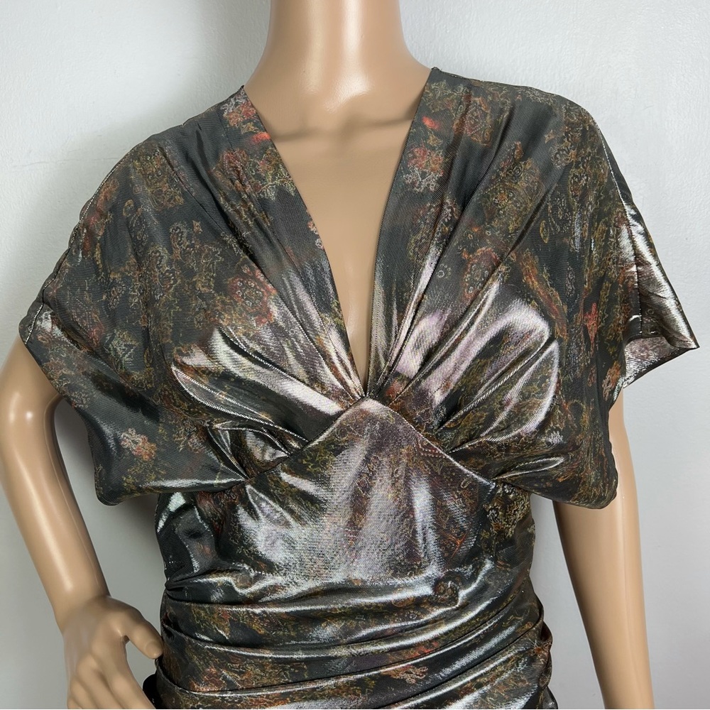 NEW IRO RUCHED METALLIC FLORAL PRINT MINI DRESS - Picture 3 of 9